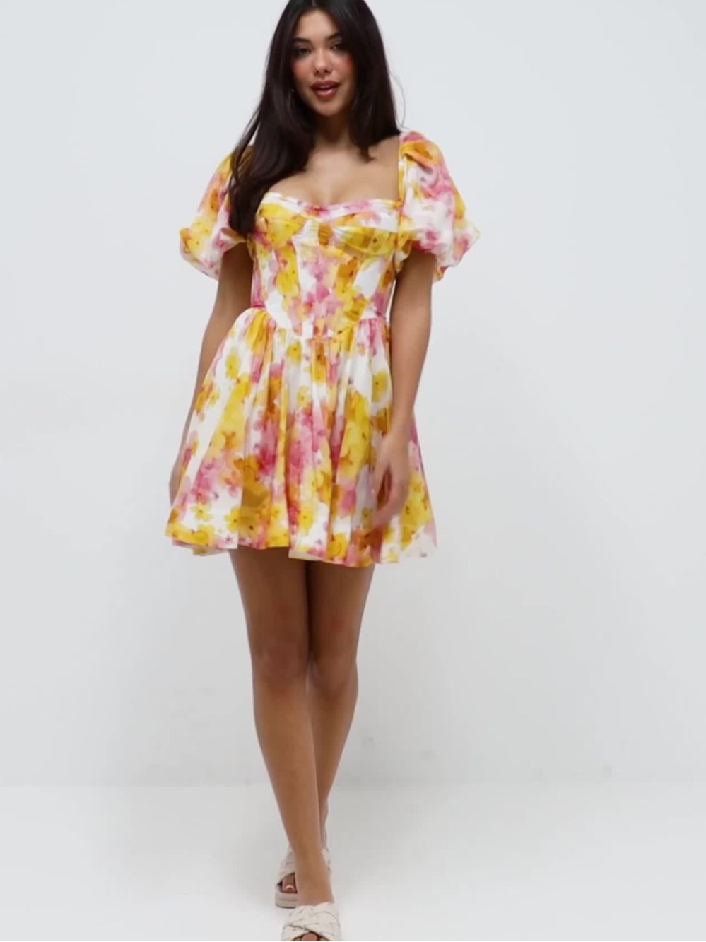 New BARDOT Kiah Floral Print Boned Corset Puff Sleeve Minidress In Pink Yellow L - Picture 3 of 16